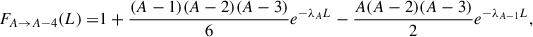 Mathematical equation: $$ \begin{aligned} F_{A \rightarrow A-4} (L) =&1 + \frac{(A-1)(A-2)(A-3)}{6}e^{-\lambda _A L} - \frac{A(A-2)(A-3)}{2}e^{-\lambda _{A-1} L}, \end{aligned} $$