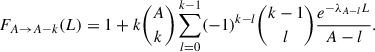 Mathematical equation: $$ \begin{aligned} F_{A \rightarrow A-k} (L) = 1 + k {A \atopwithdelims ()k} \sum _{l = 0}^{k-1} (-1)^{k-l} {k-1 \atopwithdelims ()l} \frac{e^{-\lambda _{A-l}L}}{A-l} . \end{aligned} $$