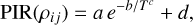 Mathematical equation: \mathrm{PIR}(\rho_{ij}) = a\, e^{-b/T^c} + d,
