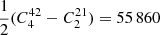 Mathematical equation: $ \frac{1}{2}( C^{42}_4 - C^{21}_2 ) = 55\,860 $