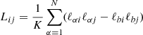 Mathematical equation: $ L_{ij} = \frac{1}{K}\sum_{\alpha = 1}^N(\ell_{\alpha i}\ell_{\alpha j}-\ell_{b i}\ell_{b j} ) $