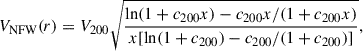 Mathematical equation: $$ \begin{aligned} V_{\rm NFW}(r) = V_{200}\sqrt{\frac{\ln (1+c_{200}x)-c_{200}x/(1+c_{200}x)}{x[\ln (1+c_{200})-c_{200}/(1+c_{200})]}}, \end{aligned} $$