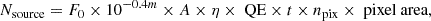 Mathematical equation: $$ \begin{aligned} N_{\rm source} = F_0 \times 10^{-0.4m} \times A \times \eta \times \text{ QE} \times t \times n_{\rm pix} \times \text{ pixel} \text{ area} ,\end{aligned} $$