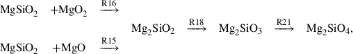 Mathematical equation: $$ \begin{aligned} \begin{array}{ccc ccc ccc} \mathrm{MgSiO}_2&+ \mathrm{MgO}_2&\xrightarrow []{\mathrm{R16}}&\,&\,&\,&\\&\,&\,&\mathrm{Mg}_2\mathrm{SiO}_2&\xrightarrow {\mathrm{R18}}&\mathrm{Mg}_2\mathrm{SiO}_3&\xrightarrow {\mathrm{R21}}&\mathrm{Mg}_2\mathrm{SiO}_4, \\ \mathrm{MgSiO}_2&+ \mathrm{MgO}&\xrightarrow []{\mathrm{R15}}&\,&\,&\\ \end{array} \end{aligned} $$