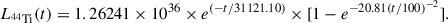 Mathematical equation: $$ \begin{aligned} L_{\rm ^{44}Ti }(t)&= {1.26241\times 10^{36}} \times {e^{(-t/31121.10)} }\times {[1-e^{-20.81(t/100)^{-2}}]}. \end{aligned} $$