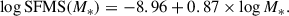 Mathematical equation: $$ \begin{aligned} \log \mathrm{SFMS}(M_*) = -8.96 + 0.87\times \log M_*. \end{aligned} $$