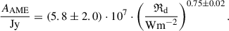 Mathematical equation: $$ \begin{aligned} \frac{A_{\mathrm{AME}}}{\mathrm{Jy}} = (5.8 \pm 2.0) \cdot 10^7 \cdot \left( \frac{\mathfrak{R} _{\mathrm{d}}}{{\mathrm{Wm}}^{-2}} \right)^{0.75 \pm 0.02}. \end{aligned} $$