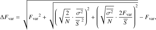 Mathematical equation: $\[\Delta F_{\mathrm{var}}=\sqrt{F_{\mathrm{var}}{}^2+\sqrt{\left(\sqrt{\frac{2}{N}} \cdot \frac{\overline{\sigma^2}}{\bar{S}^2}\right)^2+\left(\sqrt{\frac{\overline{\sigma^2}}{N}} \cdot \frac{2 F_{\mathrm{var}}}{\bar{S}}\right)^2}}-F_{\mathrm{var}},\]$