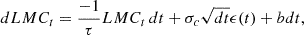 Mathematical equation: $$ \begin{aligned} dLMC_t = \frac{-1}{\tau } LMC_t \, dt + \sigma _c \sqrt{dt} \epsilon (t) + bdt, \end{aligned} $$