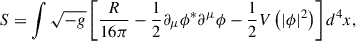 Mathematical equation: $$ \begin{aligned} S=\int \sqrt{-g}\left[\frac{R}{16\pi }-\frac{1}{2}\partial _\mu \phi ^*\partial ^\mu \phi -\frac{1}{2}V\left(|\phi |^2\right)\right]d^4x, \end{aligned} $$