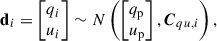 Mathematical equation: $$ \begin{aligned} \mathbf d _i =\begin{bmatrix} q_i \\ u_i \end{bmatrix} \sim N\left(\begin{bmatrix} q_{\rm p} \\ u_{\rm p} \end{bmatrix}, \boldsymbol{C}_{qu, i}\right), \end{aligned} $$