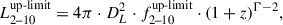 Mathematical equation: $$ \begin{aligned} L_{\text{2--10}}^{\text{up-limit}} = 4 \pi \cdot D_L^2 \cdot f_{\text{2--10}}^{\text{up-limit}} \cdot (1+z)^{\Gamma -2}, \end{aligned} $$