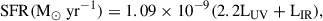 Mathematical equation: $$ \begin{aligned} \mathrm{SFR(M_\odot \ yr^{-1})} = 1.09\times 10^{-9} (2.2\mathrm{L_{UV}}+\mathrm{L_{IR}}), \end{aligned} $$