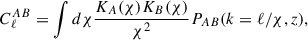Mathematical equation: $$ \begin{aligned} C_{\ell }^{AB} = \int d\chi \frac{K_A(\chi ) K_B(\chi )}{\chi ^2} P_{AB}(k=\ell /\chi ,z),\end{aligned} $$