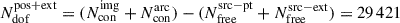 Mathematical equation: $ N_{\mathrm{dof}}^{\mathrm{pos+ext}} = (N^{\mathrm{img}}_{\mathrm{con}} + N_{\mathrm{con}}^{\mathrm{arc}}) - (N_{\mathrm{free}}^{\mathrm{src-pt}} + N_{\mathrm{free}}^{\mathrm{src-ext}}) = 29\,421 $