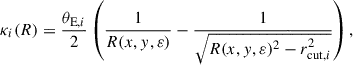 Mathematical equation: $$ \begin{aligned} \kappa _i(R) = \frac{\theta _{\mathrm{E},i}}{2} \left( \frac{1}{R(x,y, \varepsilon )} - \frac{1}{\sqrt{R(x,y, \varepsilon )^2 - r^2_{\mathrm{cut},i}}} \right), \end{aligned} $$