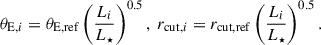 Mathematical equation: $$ \begin{aligned} \theta _{\mathrm{E},i} = \theta _{\rm E,ref}\left( \frac{L_i}{L_\star } \right)^{0.5},\; r_{\mathrm{cut},i} = r_{\rm cut,ref} \left( \frac{L_i}{L_\star } \right)^{0.5}. \end{aligned} $$
