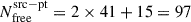 Mathematical equation: $ N_{\mathrm{free}}^{\mathrm{src-pt}} = 2 \times 41 + 15 = 97 $