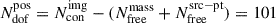 Mathematical equation: $ N_{\mathrm{dof}}^{\mathrm{pos}} = N_{\mathrm{con}}^{\mathrm{img}} - ( N_{\mathrm{free}}^{\mathrm{mass}} + N_{\mathrm{free}}^{\mathrm{src-pt}} ) = 101 $