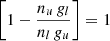 Mathematical equation: $ \biggl[ 1 - \frac{n_{u} \, g_{l}}{n_{l} \, g_{u}} \biggr] = 1 $