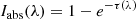 Mathematical equation: $$ \begin{aligned} I_{\rm abs}(\lambda ) = 1 - e^{-\tau (\lambda )} \end{aligned} $$