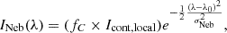 Mathematical equation: $$ \begin{aligned} I_{\rm Neb}(\lambda ) = (f_{C}\times I_{\rm cont, local}) e^{-\frac{1}{2}\frac{(\lambda - \lambda _{0})^{2}}{\sigma _{\rm Neb}^{2}}}, \end{aligned} $$