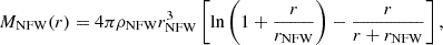Mathematical equation: $$ \begin{aligned} M_{\rm NFW}(r) = 4\pi \rho _{\rm NFW}r_{\rm NFW}^3\left[\ln {\left(1+\frac{r}{r_{\rm NFW}}\right)}-\frac{r}{r+r_{\rm NFW}}\right], \end{aligned} $$
