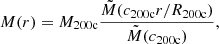 Mathematical equation: $$ \begin{aligned} M(r) = M_{200{\mathrm{c} }}\frac{\tilde{M}(c_{200{\mathrm{c} }}r/R_{\rm 200c})}{\tilde{M}(c_{200{\mathrm{c} }})}, \end{aligned} $$