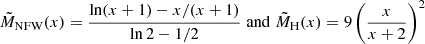 Mathematical equation: $$ \begin{aligned} \tilde{M}_{\rm NFW}(x) = \frac{\ln (x+1)-x/(x+1)}{\ln 2-1/2} \; \mathrm{and} \; \tilde{M}_{\rm H}(x) = 9\left(\frac{x}{x+2}\right)^2 \end{aligned} $$
