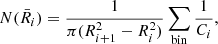 Mathematical equation: $$ \begin{aligned} N ({\bar{R}}_{i}) = \frac{1}{\pi (R_{i+1}^2-R_i^2)}\sum _{\rm bin}\frac{1}{C_i}, \end{aligned} $$