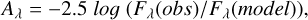 Mathematical equation: ${A_\lambda } = - 2.5{\rm{ }}log\left( {{F_\lambda }(obs)/{F_\lambda }(model)} \right),$