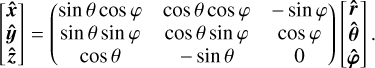 Mathematical equation: $\left[ {\matrix{{\hat x} \hfill \cr {\hat y} \hfill \cr {\hat z} \hfill \cr } } \right] = \left( {\matrix{{\sin \theta \cos \varphi } & {\cos \theta \cos \varphi } & { - \sin \varphi } \cr {\sin \theta \sin \varphi } & {\cos \theta \sin \varphi } & {\cos \varphi } \cr {\cos \theta } & { - \sin \theta } & 0 \cr } } \right)\left[ {\matrix{{\hat r} \hfill \cr {\hat \theta } \hfill \cr {\hat \varphi } \hfill \cr } } \right].$
