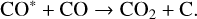 Mathematical equation: $\[\mathrm{CO}^*+\mathrm{CO} \rightarrow \mathrm{CO}_2+\mathrm{C}.\]$