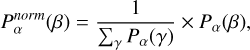 Mathematical equation: $\[P_\alpha^{norm}(\beta)=\frac{1}{\sum_\gamma P_\alpha(\gamma)} \times P_\alpha(\beta),\]$