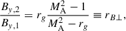 Mathematical equation: $$ \begin{aligned} \frac{B_{y,2}}{B_{y,1}}=r_{g}\frac{M_{\mathrm{A}}^{2}-1}{M_{\mathrm{A}}^{2}-r_{g}}\equiv r_{B\perp }, \end{aligned} $$