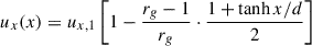 Mathematical equation: $$ \begin{aligned} u_{x}(x)=u_{x,1}\left[1-\frac{r_{g}-1}{r_{g}}\cdot \frac{1+\tanh x/d}{2}\right] \end{aligned} $$
