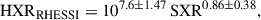 Mathematical equation: $$ \begin{aligned} \mathrm{HXR} _{\mathrm{RHESSI} }&= 10^{7.6 \pm 1.47}\,\mathrm{SXR} ^{0.86 \pm 0.38},\end{aligned} $$