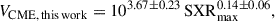 Mathematical equation: $$ \begin{aligned} V_{\rm CME,\,this\,work } = 10^{3.67 \pm 0.23}\,\mathrm{SXR} _{\mathrm{max} }^{0.14 \pm 0.06}, \end{aligned} $$