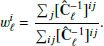 Mathematical equation: $$ \begin{aligned} w^i_\ell = \frac{\sum _{j} [\mathbf {\hat{C}} ^{-1}_{\ell }]^{ij}}{\sum _{ij} [\mathbf {\hat{C}}]^{-1}_{\ell }]^{ij}} . \end{aligned} $$
