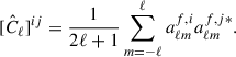 Mathematical equation: $$ \begin{aligned} \mathbf [\hat{C}_{\ell } ] ^{ij} = \frac{1}{2 \ell +1}\sum _{m=-\ell }^{\ell }a^{f,i}_{\ell m}a^{f,j*}_{\ell m} .\end{aligned} $$