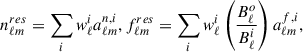 Mathematical equation: $$ \begin{aligned} n^{res}_{\ell m} = \sum _{i} w_\ell ^i a^{n,i}_{\ell m}, f^{res}_{\ell m} = \sum _i w^i_\ell \left(\frac{B^o_\ell }{B^i_\ell }\right) a^{f,i}_{\ell m} , \end{aligned} $$