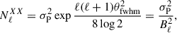 Mathematical equation: $$ \begin{aligned} N_\ell ^{XX}&= \sigma _{\rm P}^2 \exp {\frac{\ell (\ell +1)\theta ^2_{\text{fwhm}}}{8\log {2}}} = \frac{\sigma _{\rm P}^2}{B_\ell ^2} , \end{aligned} $$