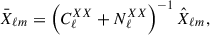 Mathematical equation: $$ \begin{aligned} \bar{X}_{\ell m} = \left(C^{XX}_\ell +N^{XX}_\ell \right)^{-1} \hat{X}_{\ell m}, \end{aligned} $$