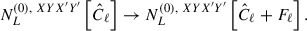 Mathematical equation: $$ \begin{aligned} N^{(0),\ XY X^\prime Y^\prime }_{L} \left[ \hat{C}_\ell \right] \rightarrow N^{(0),\ XY X^\prime Y^\prime }_{L} \left[ \hat{C}_\ell + F_\ell \right] .\end{aligned} $$