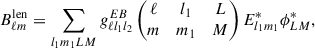 Mathematical equation: $$ \begin{aligned} B^\mathrm{len}_{\ell m} = \sum _{l_1 m_1 L M} g_{\ell l_1 l_2}^{EB} \begin{pmatrix} \ell&l_1&L \\ m&m_1&M \end{pmatrix} E^*_{l_1 m_1} \phi ^*_{L M} ,\end{aligned} $$