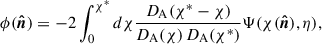 Mathematical equation: $$ \begin{aligned} \phi (\boldsymbol{\hat{n}}) = -2 \int _0^{\chi ^*} d\chi \frac{D_{\rm A}(\chi ^* - \chi )}{D_{\rm A}(\chi )\,D_{\rm A}(\chi ^*)} \Psi (\chi (\boldsymbol{\hat{n}}), \eta ), \end{aligned} $$