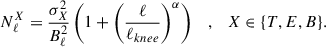 Mathematical equation: $$ \begin{aligned} N_\ell ^{X} = \frac{\sigma _{X}^2}{B_\ell ^2}\left( 1+\left( \frac{\ell }{\ell _{knee}} \right)^\alpha \right) \quad , \quad X \in \{T,E,B\} .\end{aligned} $$