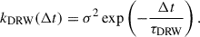 Mathematical equation: $$ \begin{aligned} k_{\rm DRW}(\Delta t) = \sigma ^2 \exp \left(-\frac{\Delta t}{\tau _{\mathrm{DRW} }}\right). \end{aligned} $$