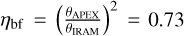 Mathematical equation: ${\eta _{{\rm{bf}}}} = {\left( {{{{\theta _{{\rm{APEX}}}}} \over {{\theta _{{\rm{IRAM}}}}}}} \right)^2} = 0.73$
