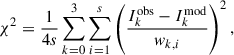 Mathematical equation: $$ \begin{aligned} \chi ^2 = \frac{1}{4s} \sum _{k = 0}^{3} \sum _{i = 1}^{s} \left( \frac{I_k^{\text{obs}} - I_k^{\text{mod}}}{w_{k,i}} \right)^2, \end{aligned} $$